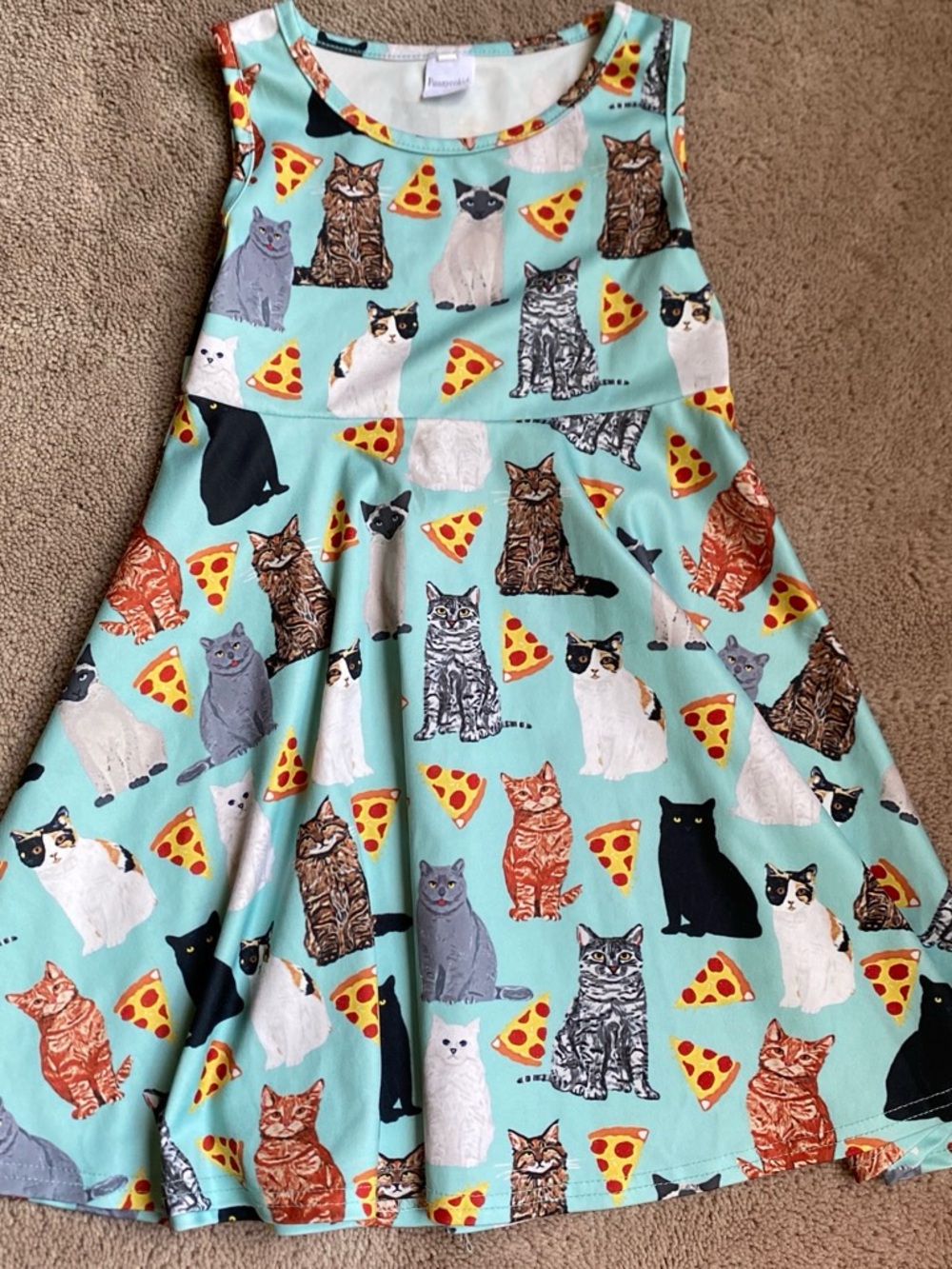 Mint Cat & Pizza Print Girls Dress